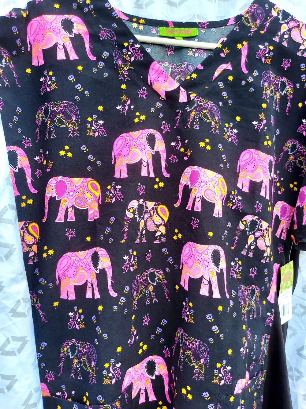 Green Town Women's Black Top with Pink Elephant Print